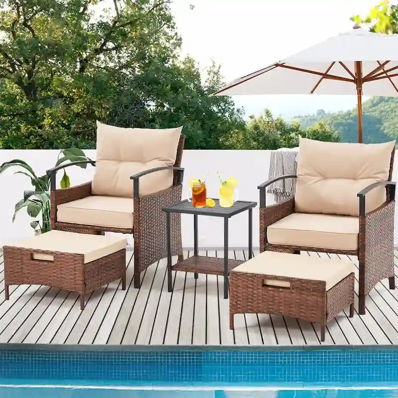 AVAWING 5-Piece Patio Furniture Set Wicker Conversation Set with Coffee Table and Ottoman