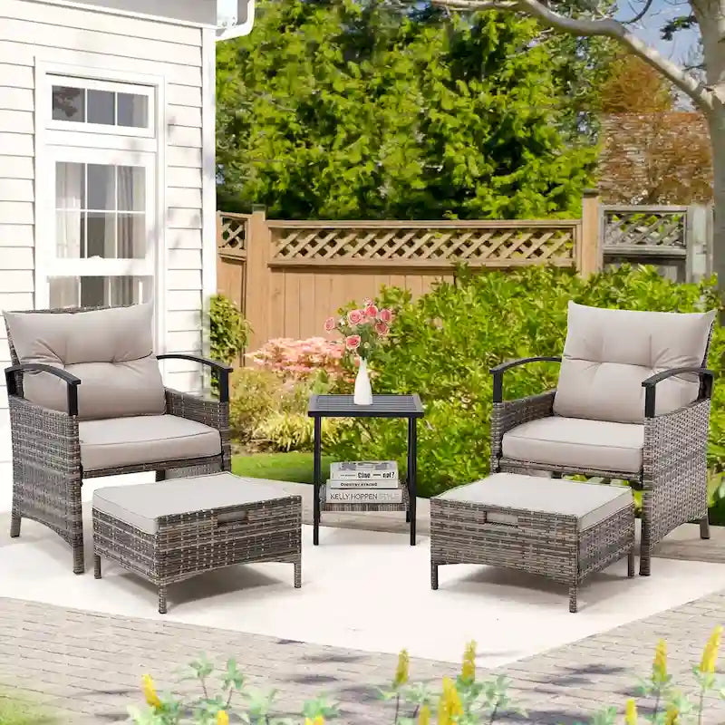 AVAWING 5-Piece Patio Furniture Set Wicker Conversation Set with Coffee Table and Ottoman