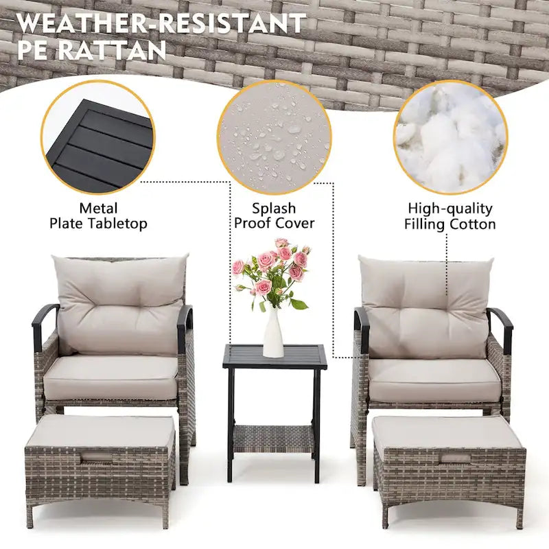AVAWING 5-Piece Patio Furniture Set Wicker Conversation Set with Coffee Table and Ottoman