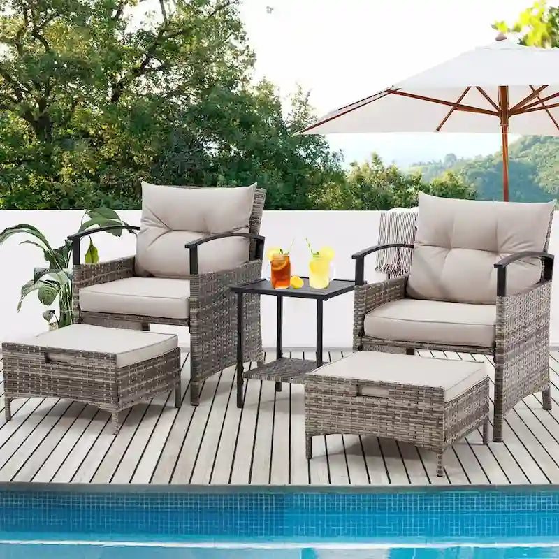 AVAWING 5-Piece Patio Furniture Set Wicker Conversation Set with Coffee Table and Ottoman