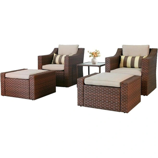 5-piece Outdoor Patio Wicker Lounge Chair and Ottoman Conversation Set