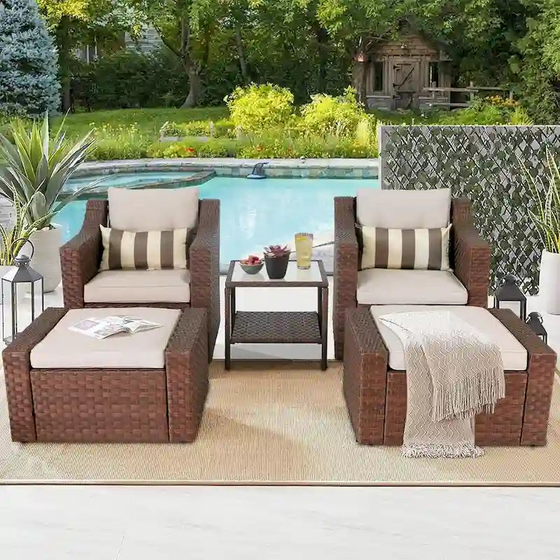 5-piece Outdoor Patio Wicker Lounge Chair and Ottoman Conversation Set