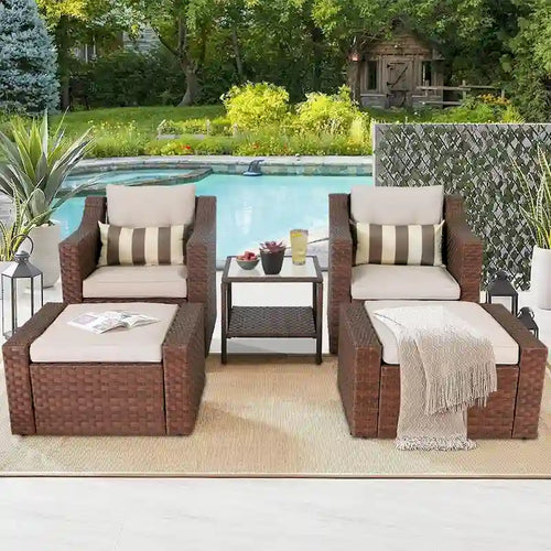 5-piece Outdoor Patio Wicker Lounge Chair and Ottoman Conversation Set