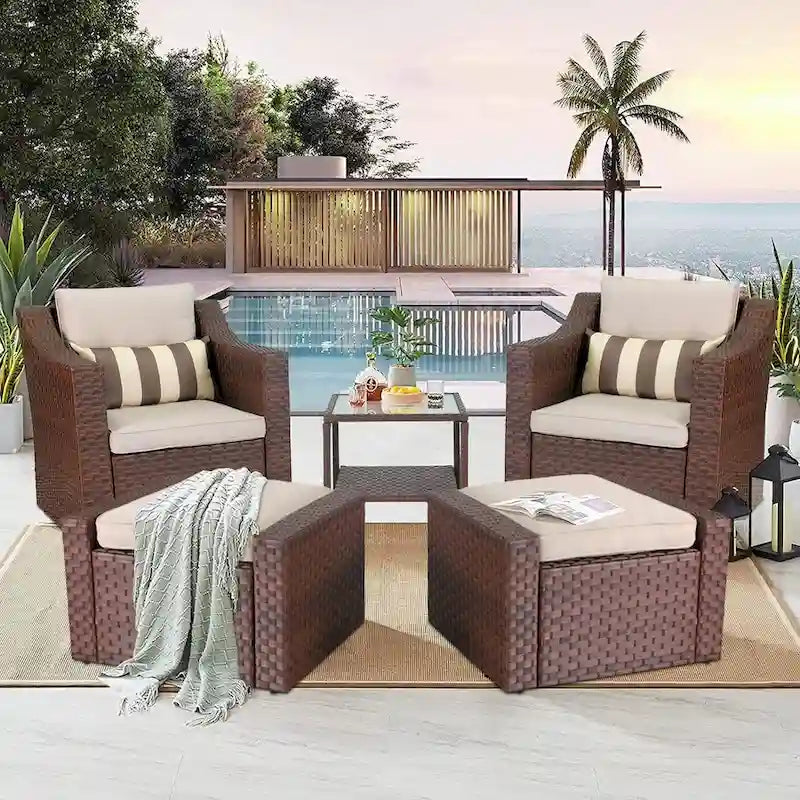 5-piece Outdoor Patio Wicker Lounge Chair and Ottoman Conversation Set