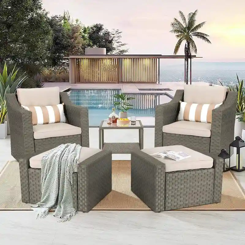 5-piece Outdoor Patio Wicker Lounge Chair and Ottoman Conversation Set