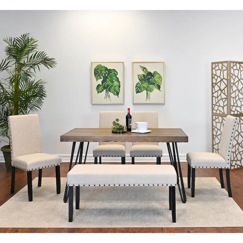 Amisos 6-Piece Dining Set, Hairpin Dining Table with 4 Chairs and Upholstery Bench