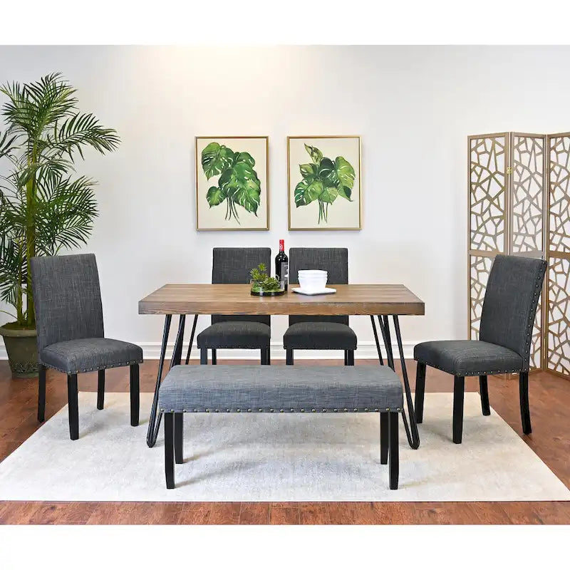 Amisos 6-Piece Dining Set, Hairpin Dining Table with 4 Chairs and Upholstery Bench