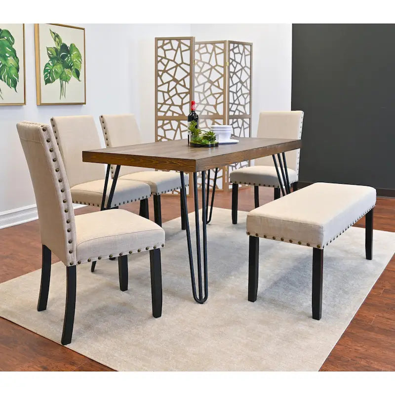 Amisos 6-Piece Dining Set, Hairpin Dining Table with 4 Chairs and Upholstery Bench
