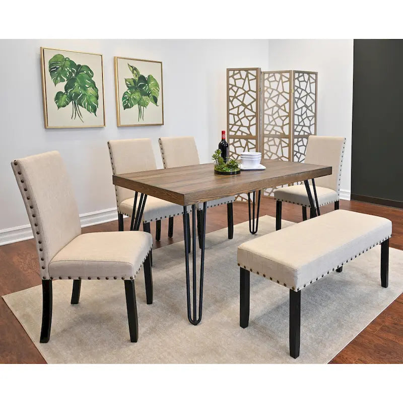 Amisos 6-Piece Dining Set, Hairpin Dining Table with 4 Chairs and Upholstery Bench