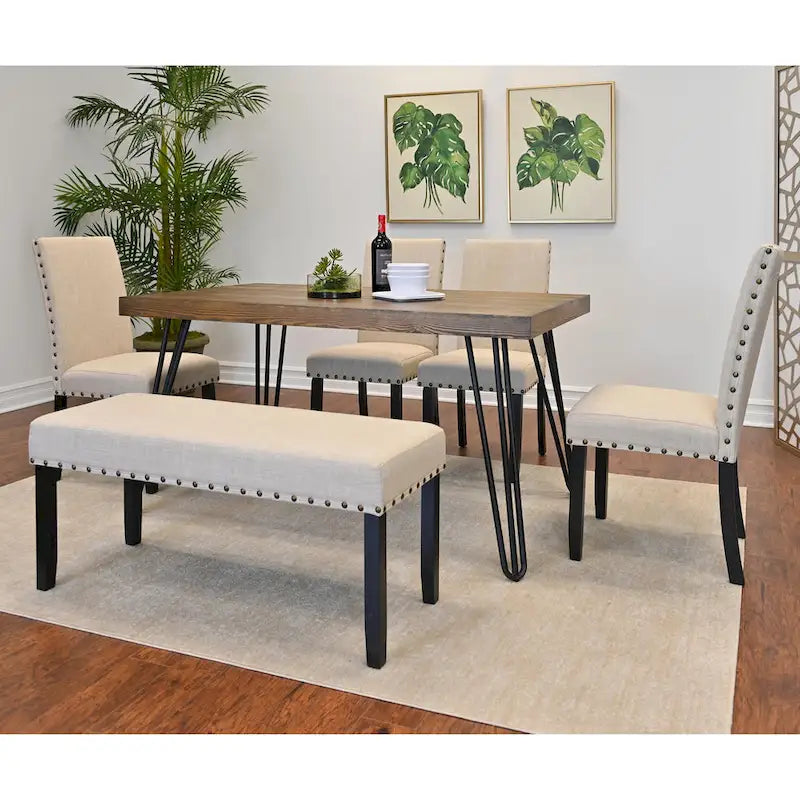 Amisos 6-Piece Dining Set, Hairpin Dining Table with 4 Chairs and Upholstery Bench
