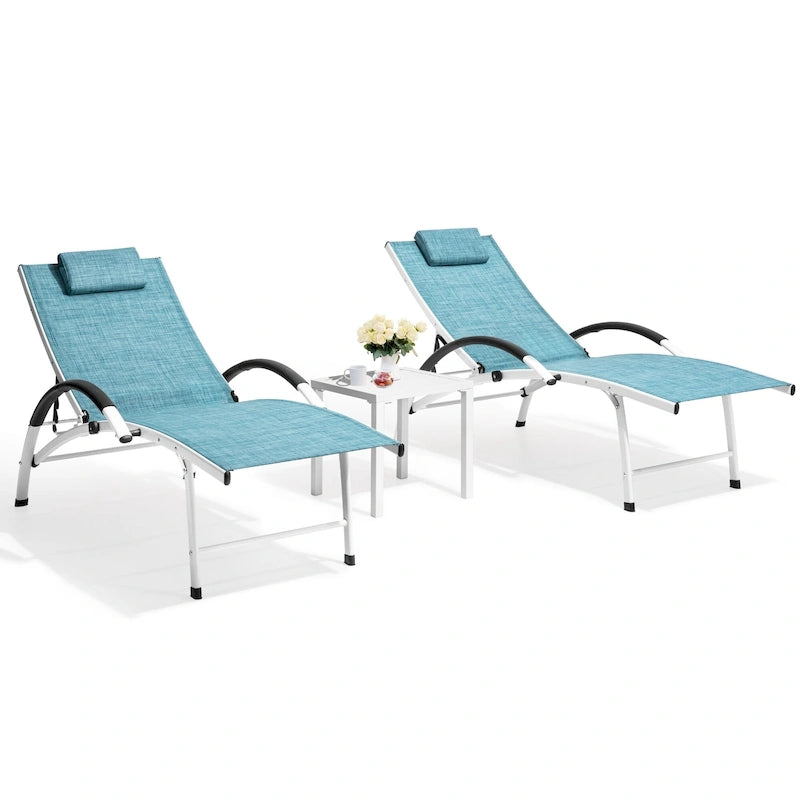3-piece Outdoor Folding Adjustable Reclining Chaise Lounge Chairs with Side Table