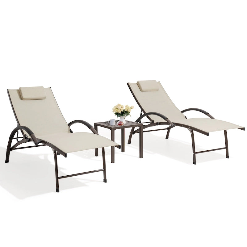 3-piece Outdoor Folding Adjustable Reclining Chaise Lounge Chairs with Side Table