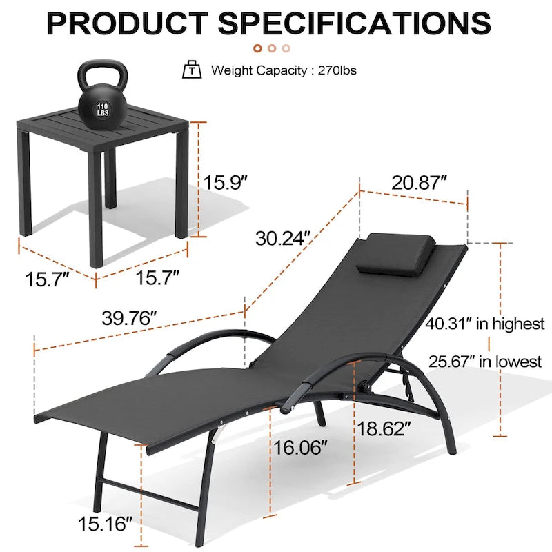 3-piece Outdoor Folding Adjustable Reclining Chaise Lounge Chairs with Side Table
