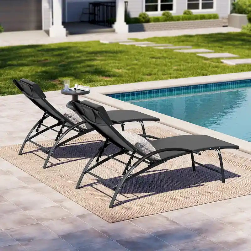 3-piece Outdoor Folding Adjustable Reclining Chaise Lounge Chairs with Side Table