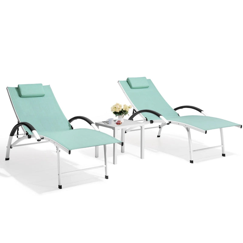 3-piece Outdoor Folding Adjustable Reclining Chaise Lounge Chairs with Side Table