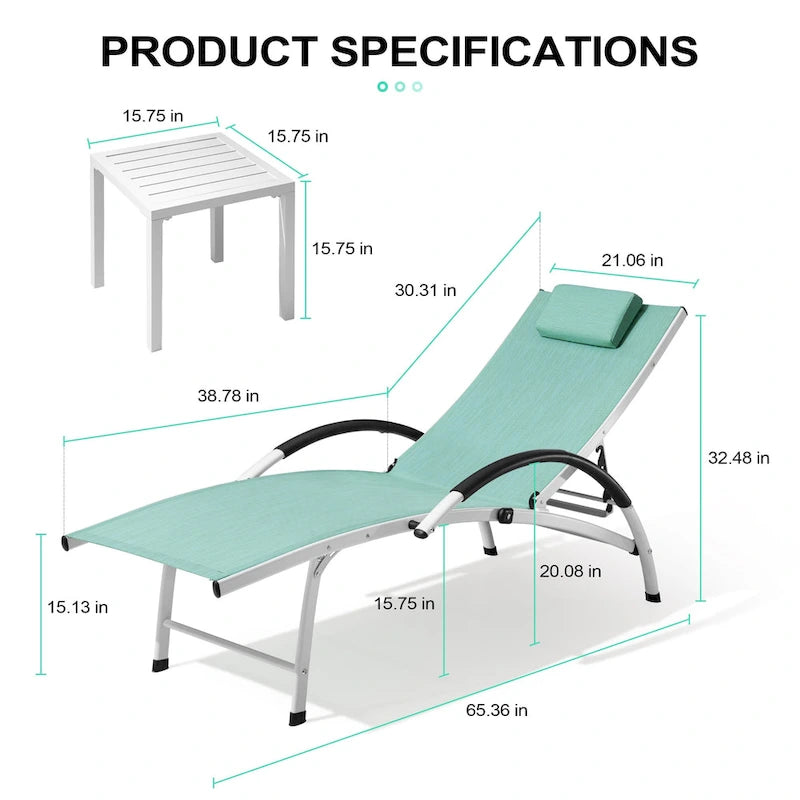 3-piece Outdoor Folding Adjustable Reclining Chaise Lounge Chairs with Side Table