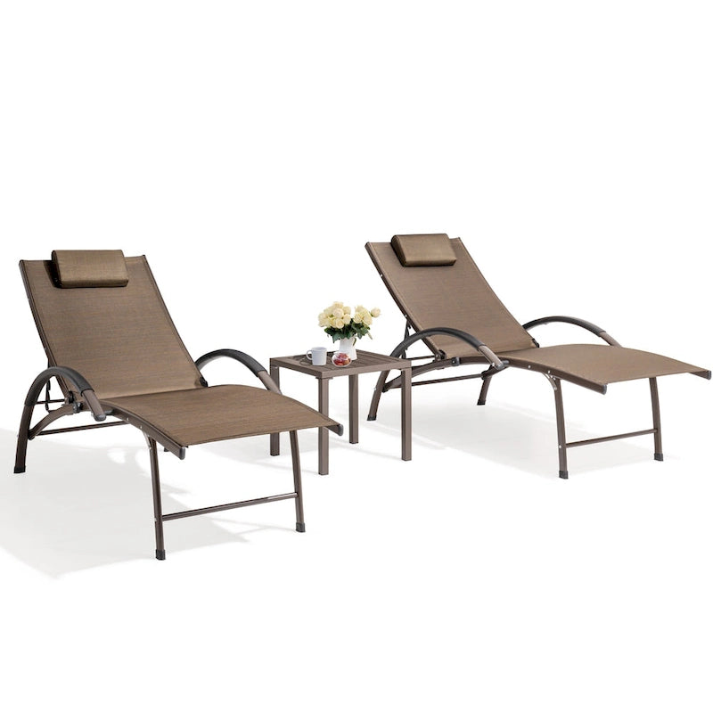 3-piece Outdoor Folding Adjustable Reclining Chaise Lounge Chairs with Side Table
