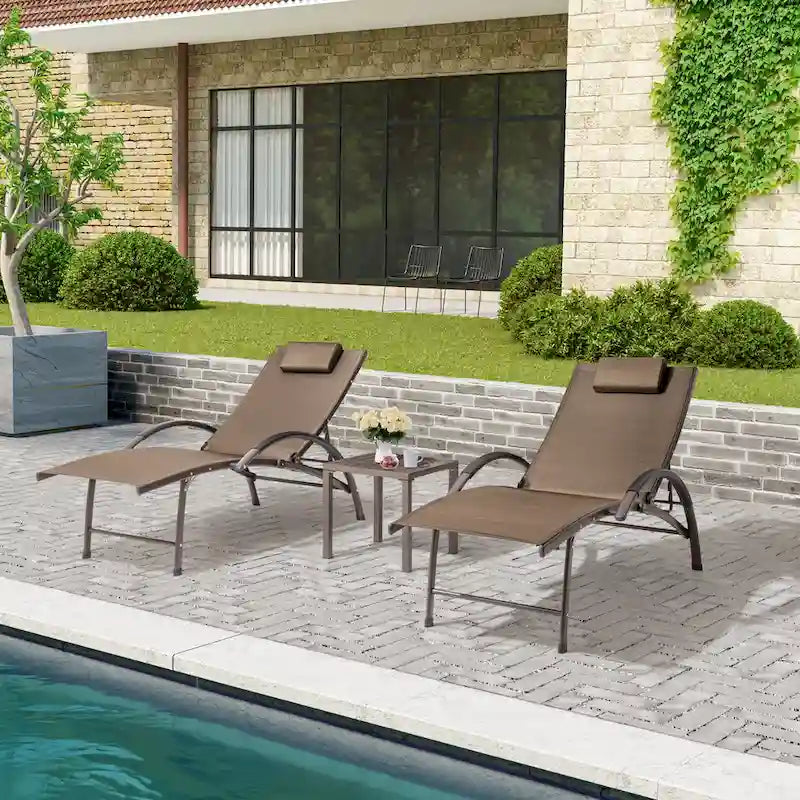 3-piece Outdoor Folding Adjustable Reclining Chaise Lounge Chairs with Side Table