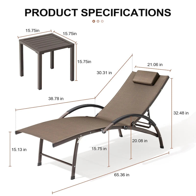 3-piece Outdoor Folding Adjustable Reclining Chaise Lounge Chairs with Side Table
