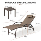 3-piece Outdoor Folding Adjustable Reclining Chaise Lounge Chairs with Side Table