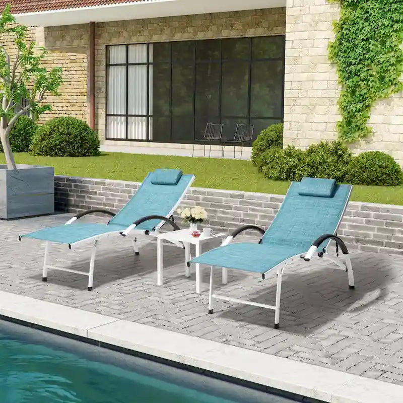 3-piece Outdoor Folding Adjustable Reclining Chaise Lounge Chairs with Side Table