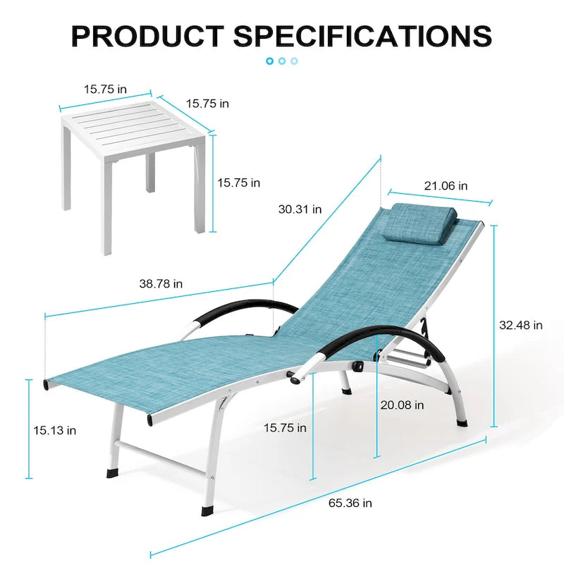3-piece Outdoor Folding Adjustable Reclining Chaise Lounge Chairs with Side Table