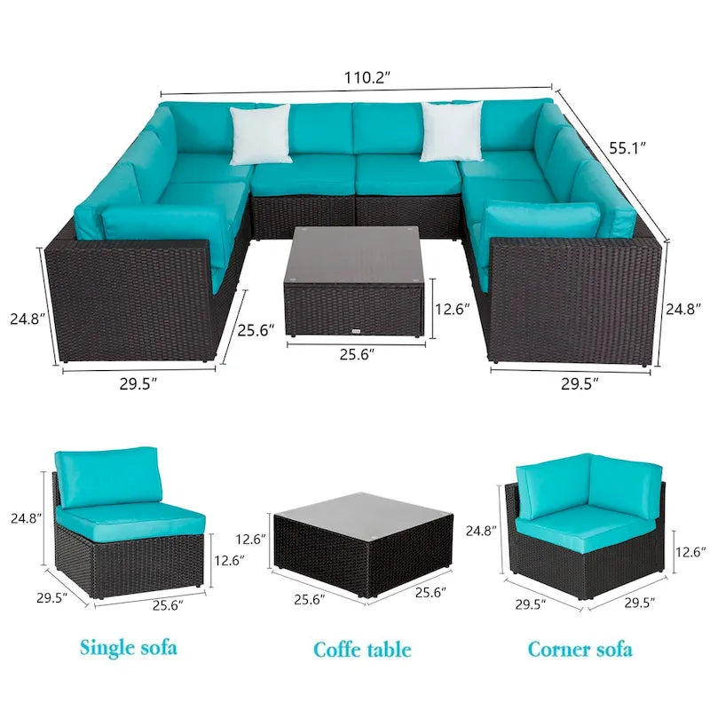 Kinbor 9-piece Outdoor Furniture Patio Sectional Sofa All-weather Rattan Wicker Chat Set w/Cushions Patio Indoor