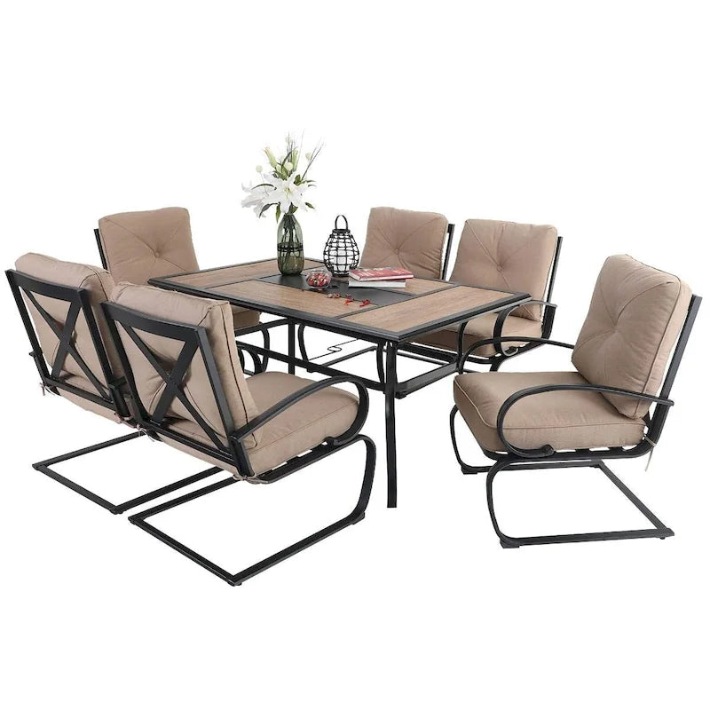 MAISON ARTS 7-Piece Patio Dining Set 6 Piece Cushioned Spring Motion Dining Chair with Armrest & 1 Patio Dining Table