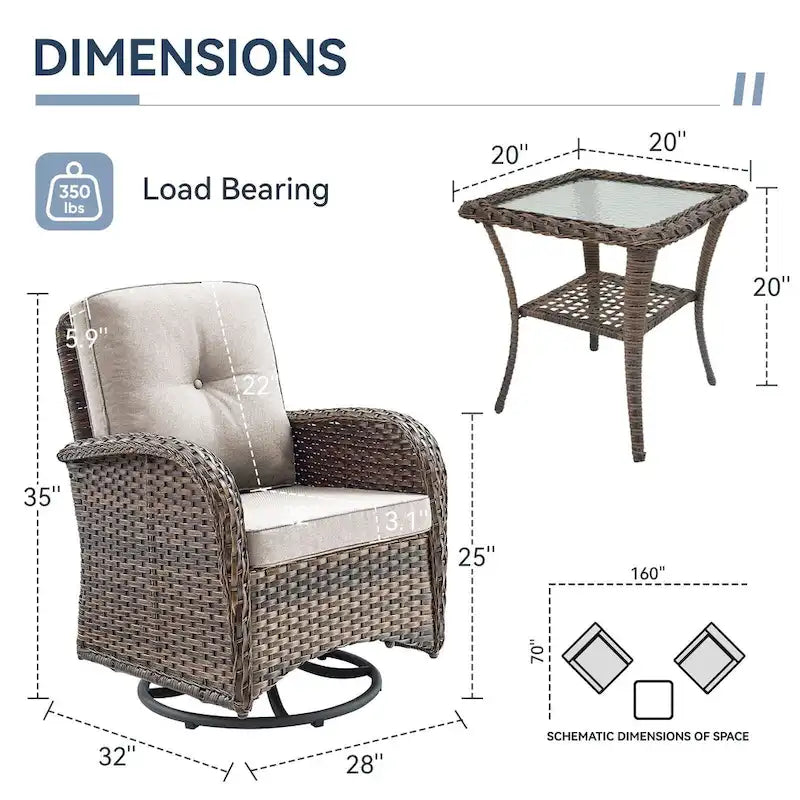 Gymojoy Swivel Patio Chair & Table 3 Piece Outdoor Furniture Set