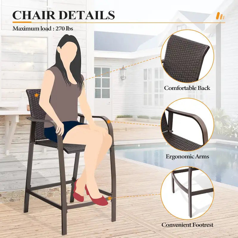 Crestlive Products Outdoor Counter Height Wicker Bar Stools - 21.7 W x 25.6 D x 43.7 H