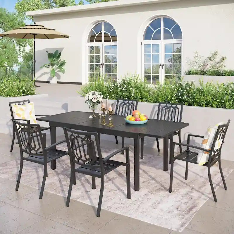 MAISON ARTS Outdoor Patio Dining Set with Steel Stackable Chairs and Expandable Table