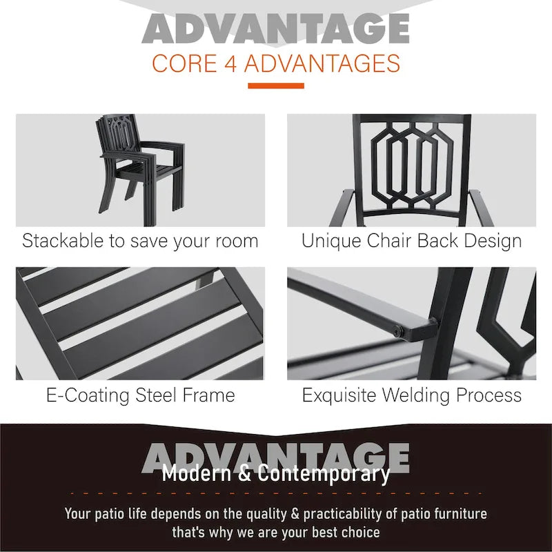 MAISON ARTS Outdoor Patio Dining Set with Steel Stackable Chairs and Expandable Table
