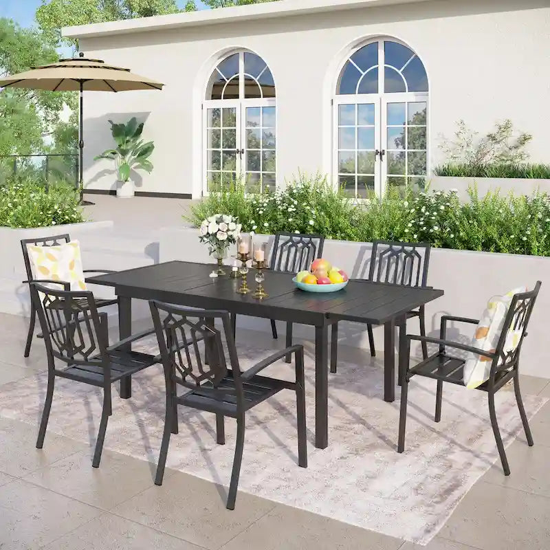 MAISON ARTS Outdoor Patio Dining Set with Steel Stackable Chairs and Expandable Table