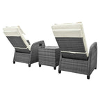3 Piece Outdoor Rattan Two-person Recliner Chair set W/Coffee Table