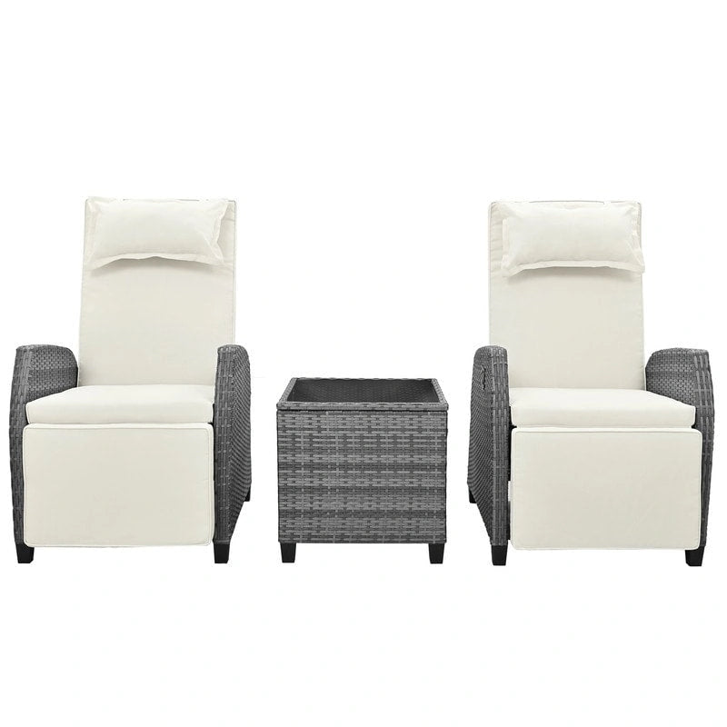3 Piece Outdoor Rattan Two-person Recliner Chair set W/Coffee Table