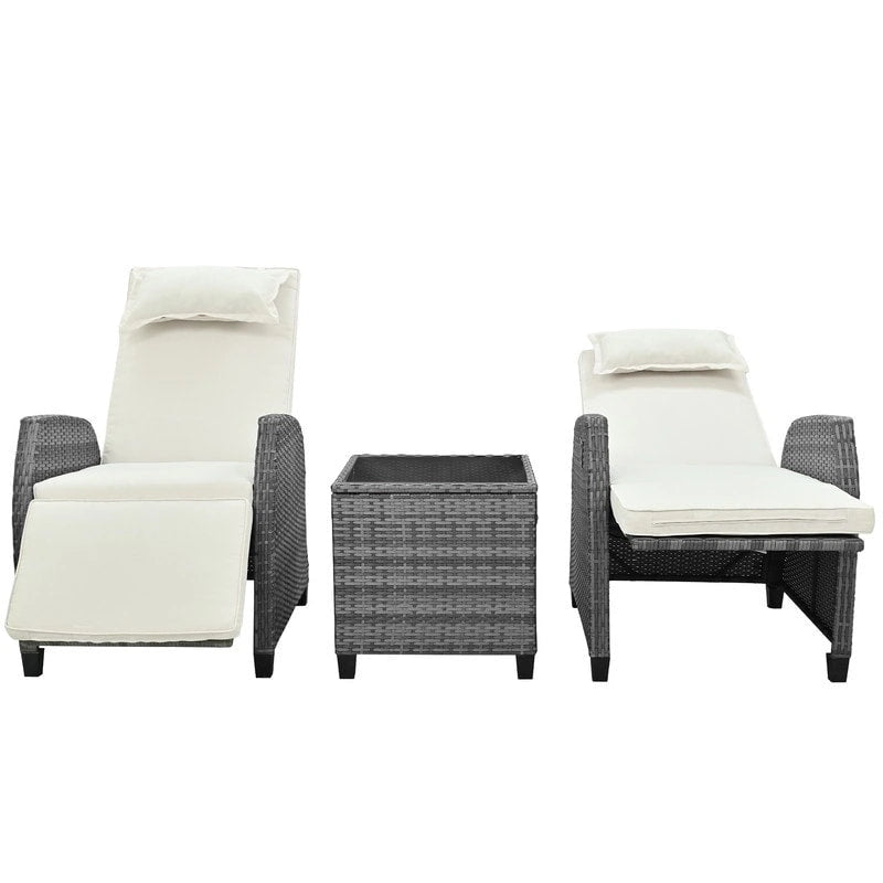 3 Piece Outdoor Rattan Two-person Recliner Chair set W/Coffee Table