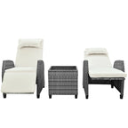 3 Piece Outdoor Rattan Two-person Recliner Chair set W/Coffee Table