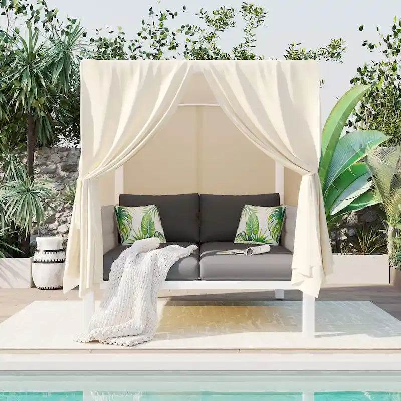 Outdoor Patio Sunbed with Curtains