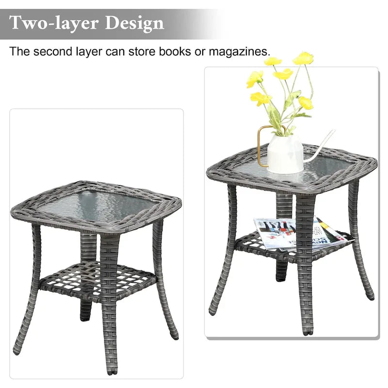 XIZZI Patio Wicker Side Table with Toughened Glass Top