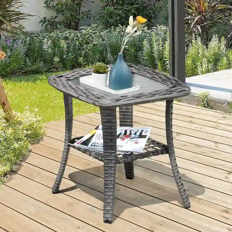 XIZZI Patio Wicker Side Table with Toughened Glass Top