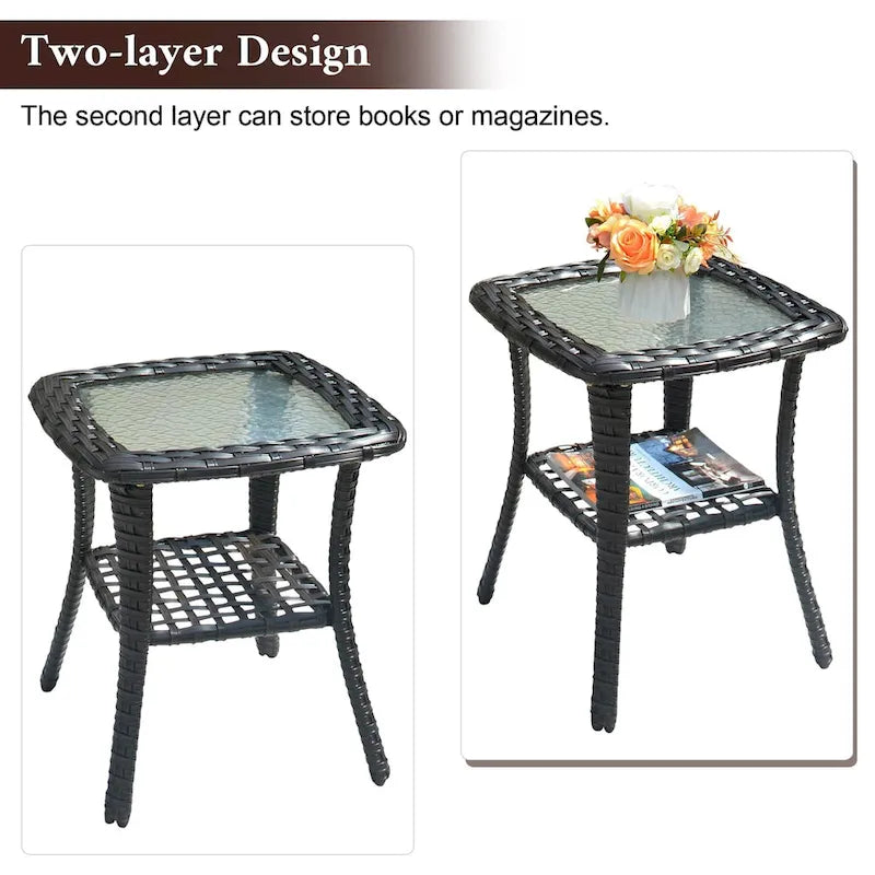 XIZZI Patio Wicker Side Table with Toughened Glass Top