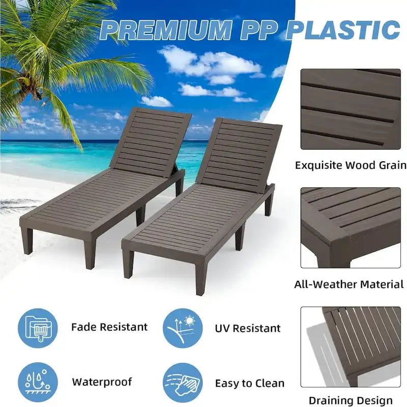 Erommy Chaise Lounges, All-Weather Patio Loungers with 5-Position Adjustable Backrest & Wood Texture Design, Reclining Chair