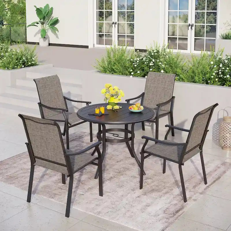 MAISON ARTS 5/7-Piece Patio Dining Set, Round Metal Table and 4/6 Textilene Fabric Padded Armchairs