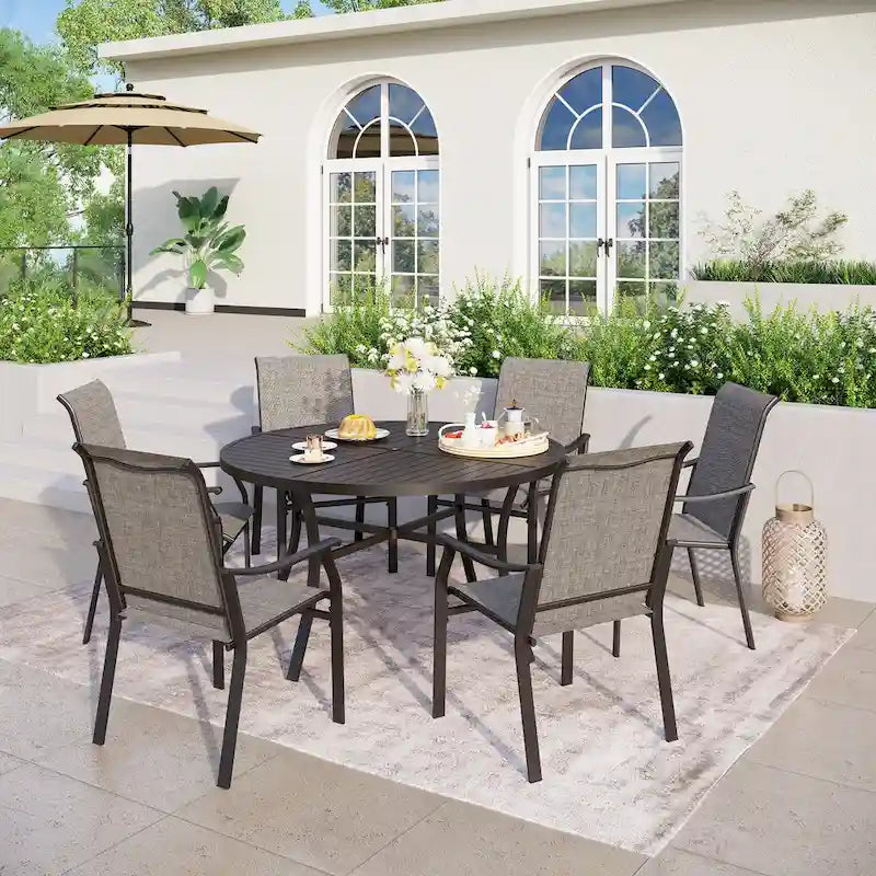 MAISON ARTS 5/7-Piece Patio Dining Set, Round Metal Table and 4/6 Textilene Fabric Padded Armchairs