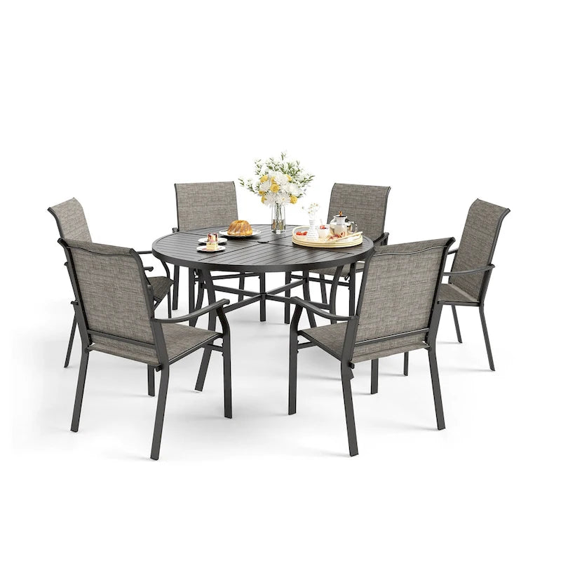 MAISON ARTS 5/7-Piece Patio Dining Set, Round Metal Table and 4/6 Textilene Fabric Padded Armchairs
