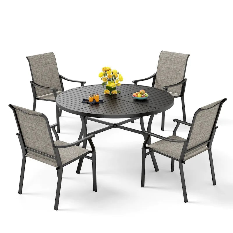 MAISON ARTS 5/7-Piece Patio Dining Set, Round Metal Table and 4/6 Textilene Fabric Padded Armchairs