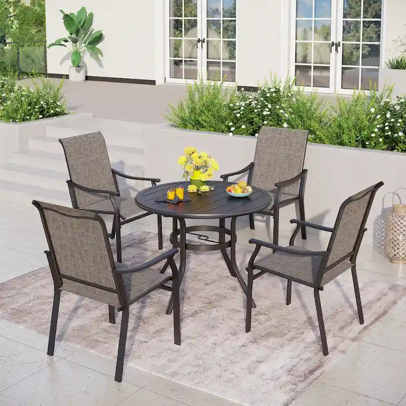 MAISON ARTS 5/7-Piece Patio Dining Set, Round Metal Table and 4/6 Textilene Fabric Padded Armchairs