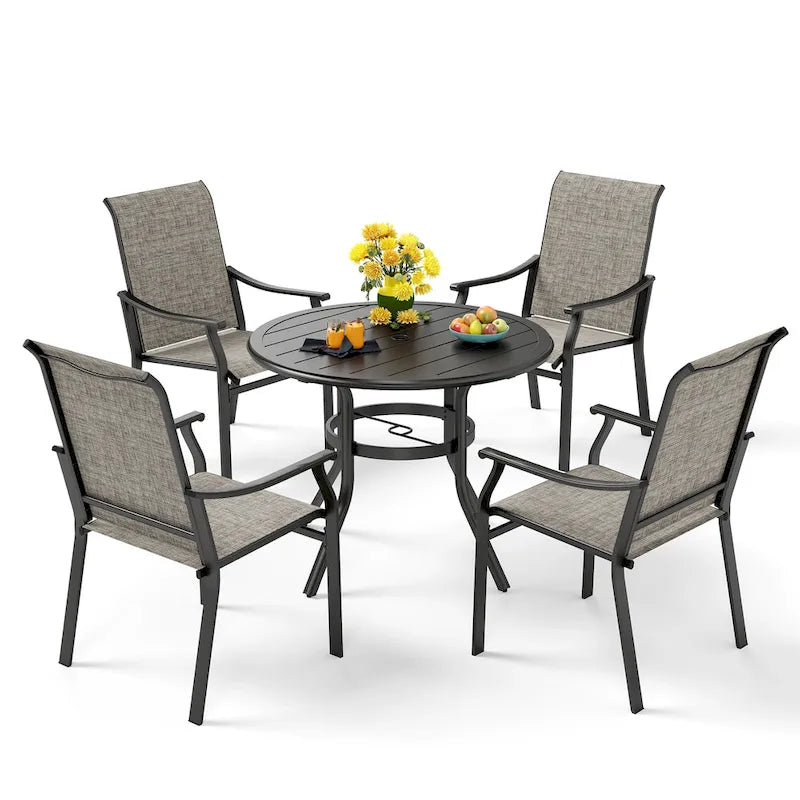 MAISON ARTS 5/7-Piece Patio Dining Set, Round Metal Table and 4/6 Textilene Fabric Padded Armchairs
