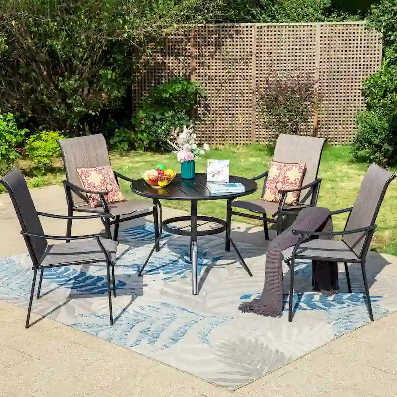 MAISON ARTS 5/7-Piece Patio Dining Set, Round Metal Table and 4/6 Textilene Fabric Padded Armchairs