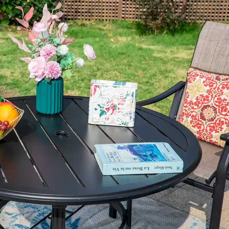 MAISON ARTS 5/7-Piece Patio Dining Set, Round Metal Table and 4/6 Textilene Fabric Padded Armchairs